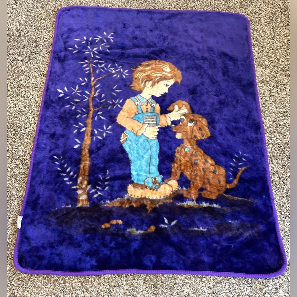 Vintage  Purple Boy & Puppy Dog Tree Throw Blanket Overalls Thick